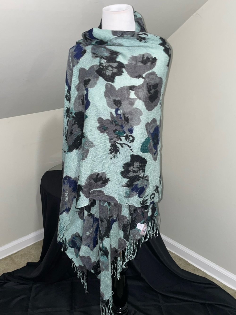 Big Buddha Floral Fringe Wrap in Mint, Gray and Navy